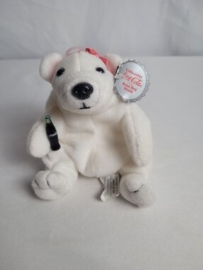 Coca Cola 1997 Collectible Bean Bag Plush Girl Polar Bear Pink Bow Soda Bottle